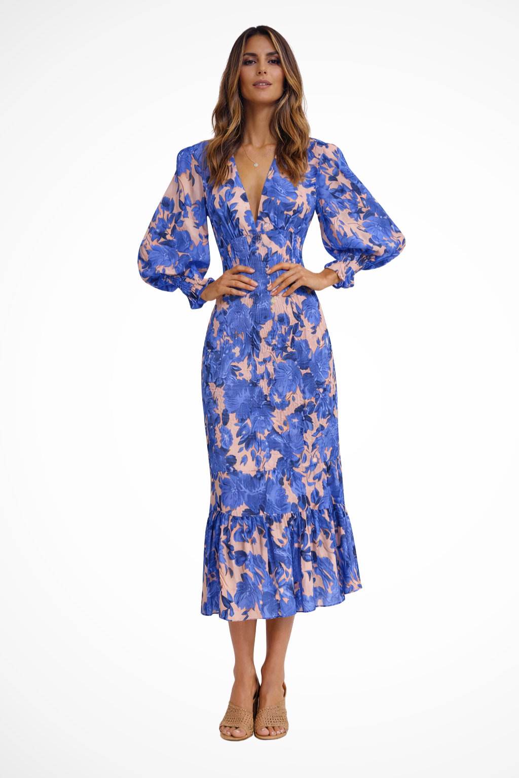 Blumenkleid Damen Midi | Midikleid V-Ausschnitt Langarm | Sommerkleid Geblümt Elegant