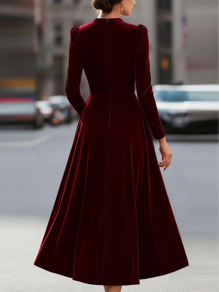 Samtkleid Damen Midi Langarm | Abendkleid Elegant Taillierte | Festliches Kleid Rundhals