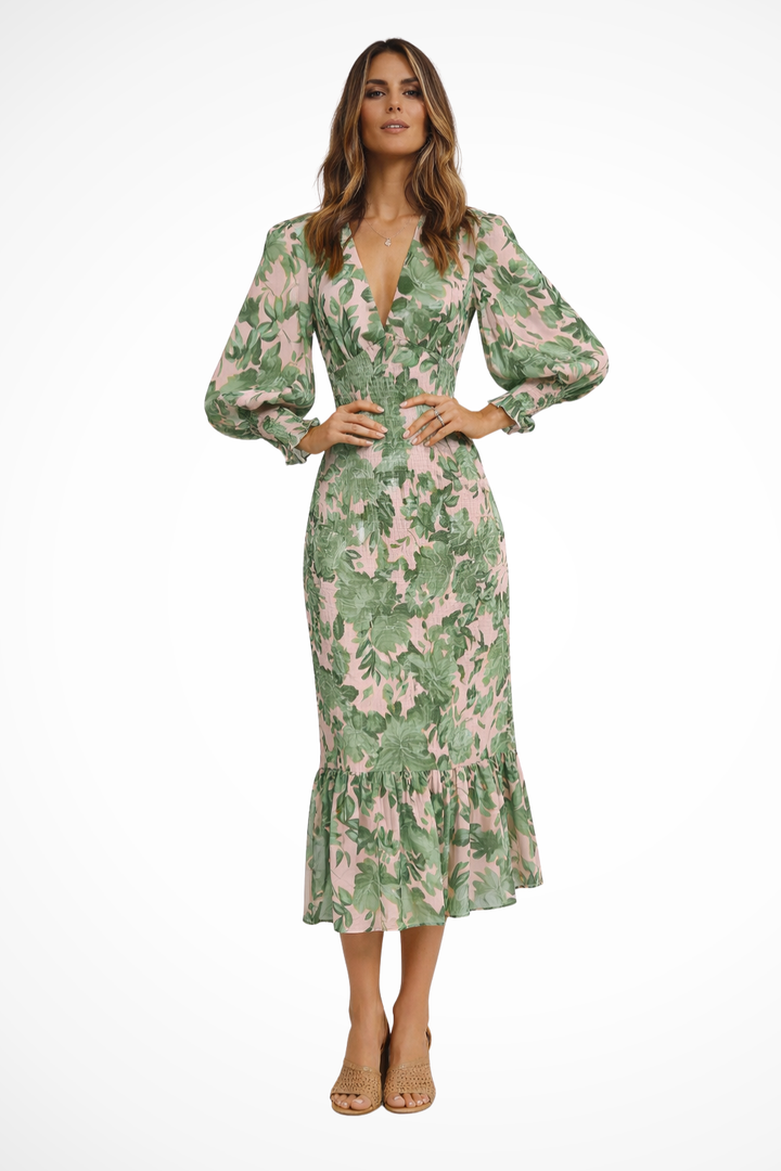Blumenkleid Damen Midi | Midikleid V-Ausschnitt Langarm | Sommerkleid Geblümt Elegant
