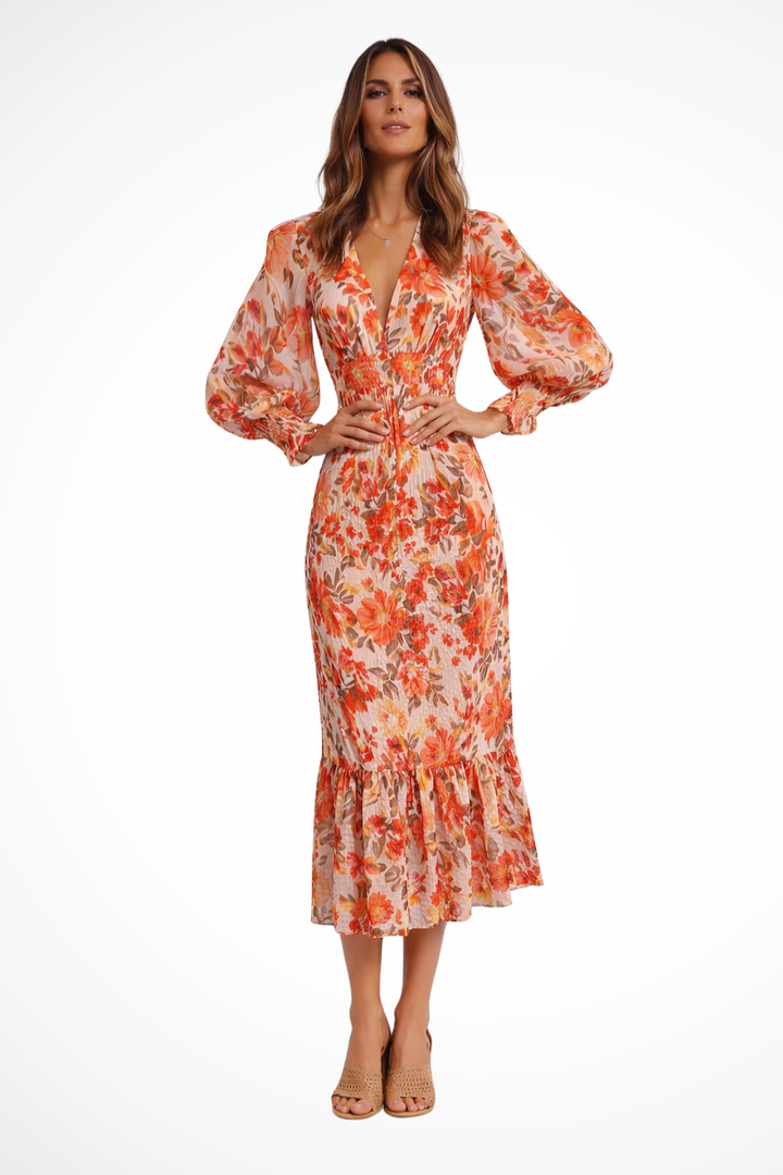 Blumenkleid Damen Midi | Midikleid V-Ausschnitt Langarm | Sommerkleid Geblümt Elegant