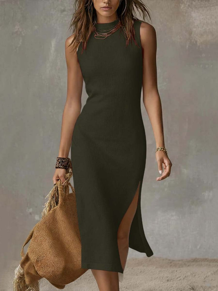 Midikleid Damen Stehkragen | Kleid Damen Seitenschlitz Ärmellos | Freizeitkleid Damen Elegant