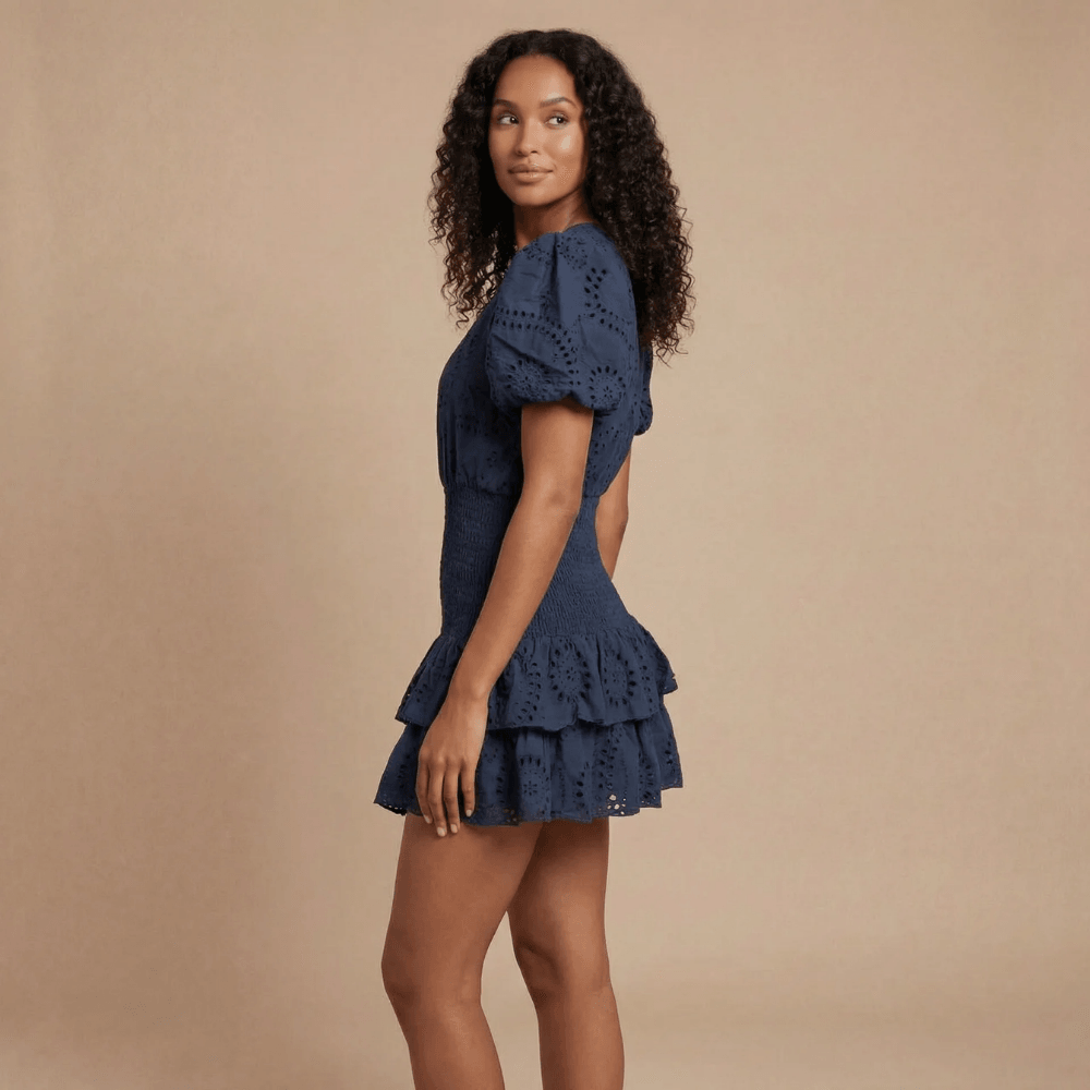 Sommerkleid Damen Minikleid Puffärmel | Lochstickerei Kleid Damen Geraffte Taille | Festliches Minikleid Damen Sommer