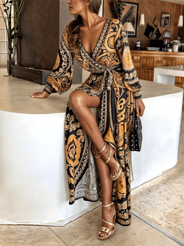 Sommerkleider Damen Boho Maxi | Wickelkleid Sommer V-Ausschnitt Schlitz | Maxikleid Langarm Boho Print