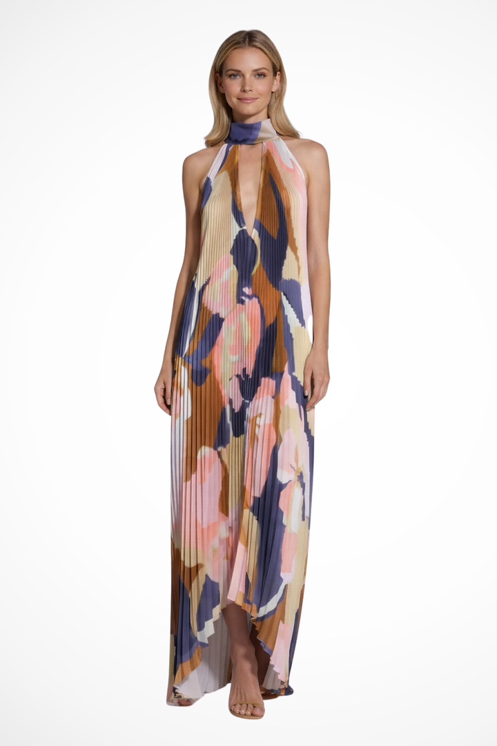 Maxikleid Damen Halter Bunt | Gefaltet Schlüsselloch Print | Hochzeitsgast Kleid Sommer
