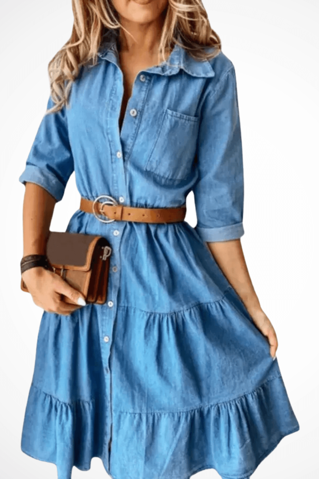 Jeanskleid Damen Hemdkleid Midi | Gestuft Gürtel Knopfleiste | Denimkleid Casual Vielseitig