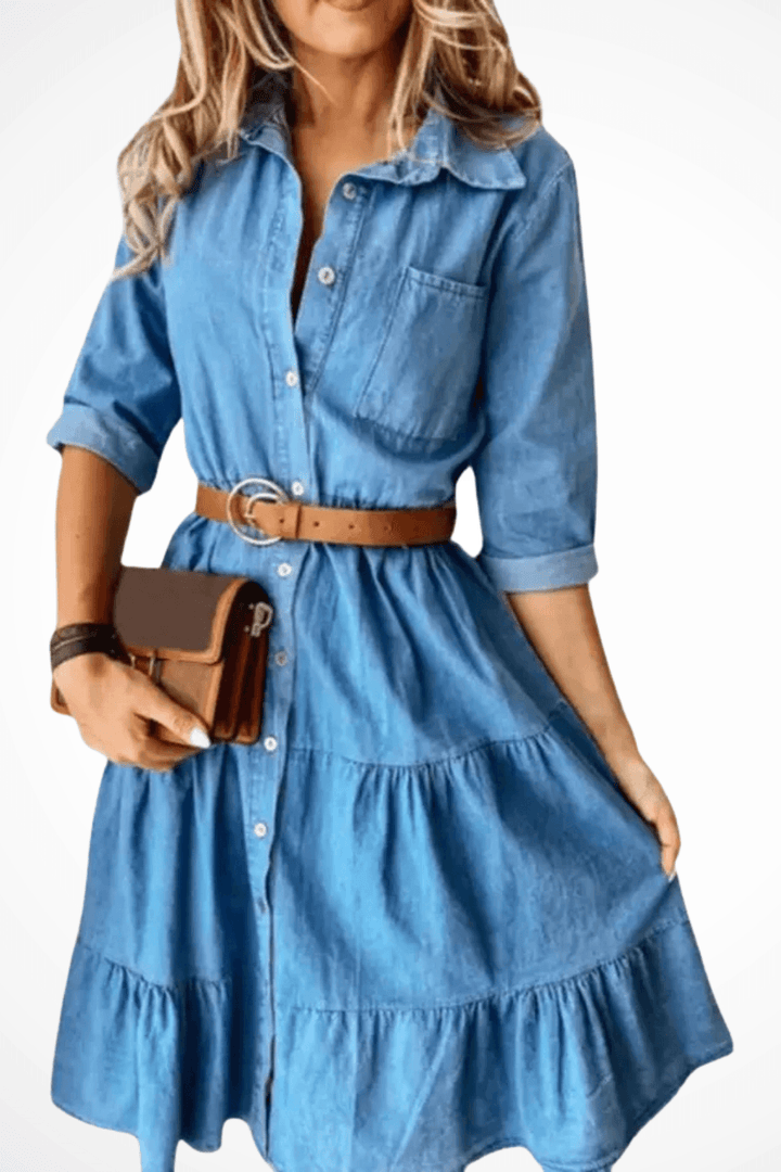 Jeanskleid Damen Hemdkleid Midi | Gestuft Gürtel Knopfleiste | Denimkleid Casual Vielseitig