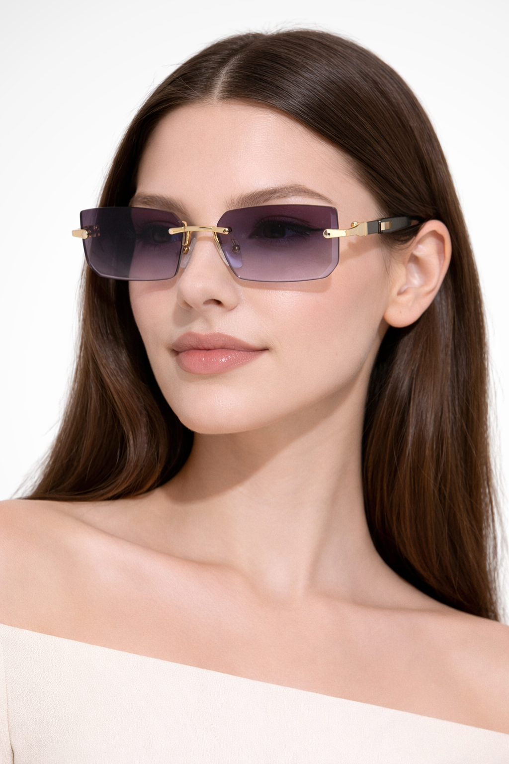 Rahmenlose Sonnenbrille Damen | Rechteckige Sonnenbrille Metall | UV Schutz Brille Damen Schlank