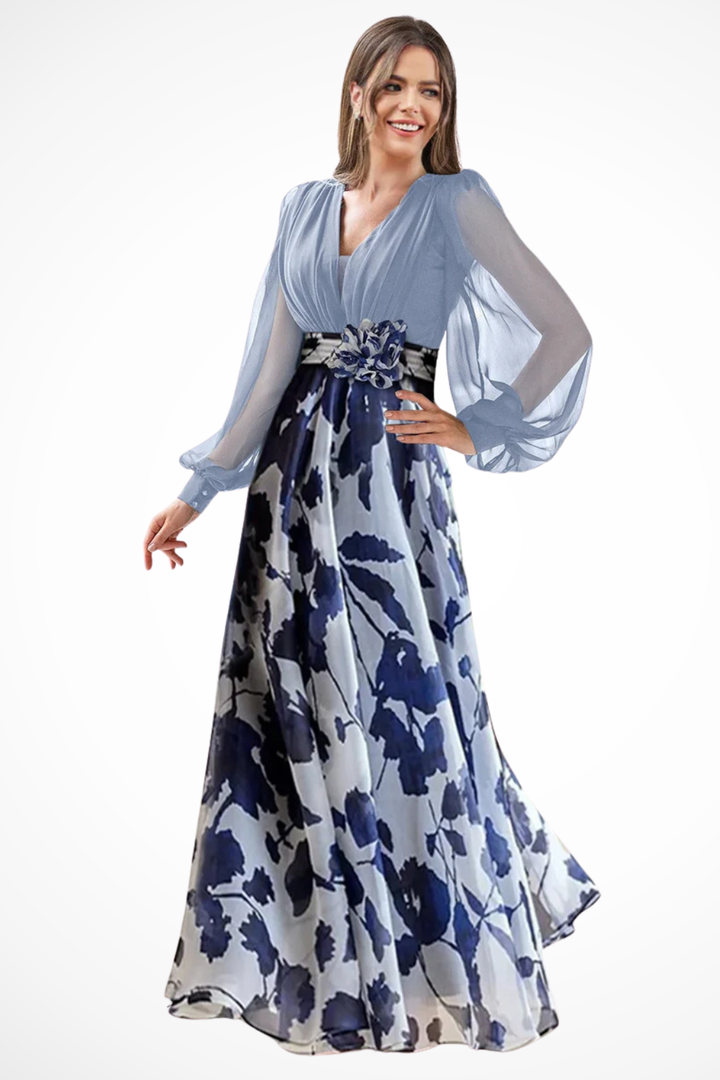 Abendkleider Damen Lang | Kleider Damen Blumenprint Ballonärmel | Maxikleid Hochzeitsgast V-Ausschnitt