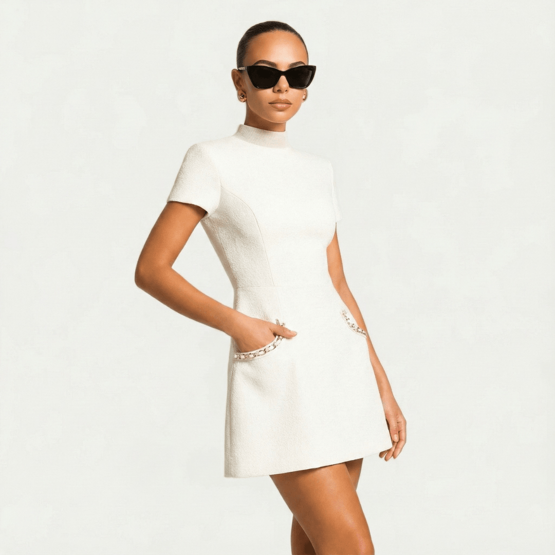 Minikleid Damen Perlenbesatz | Cocktailkleid Damen Taschen | Festliches Kleid Damen Tailliert