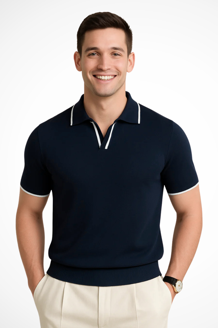 Poloshirt Herren Slim Fit Strick | Herren Polo Kontrast-Besatz | Strickpolo Herren Modern