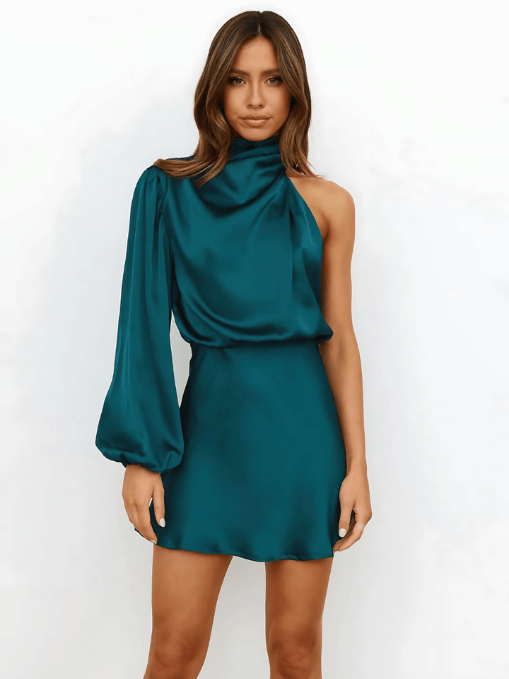 Satin Minikleid Damen One Shoulder | Cocktailkleid Damen Langarm Stehkragen | Hochzeitsgast Kleid Damen Glanz