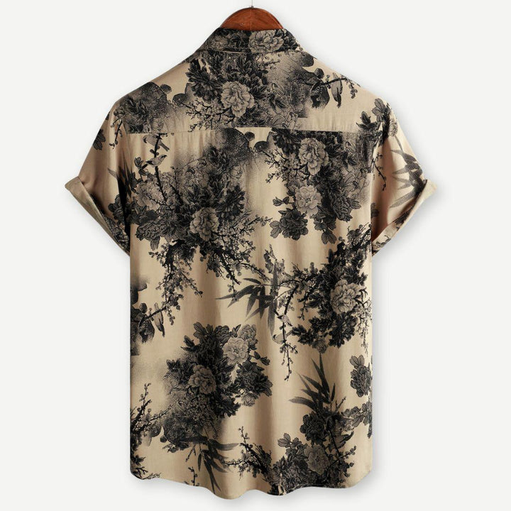 Hemd Herren Print Spitzkragen | Männer Sommerhemd Beige | Knopfhemd Kurzarm Gemustert