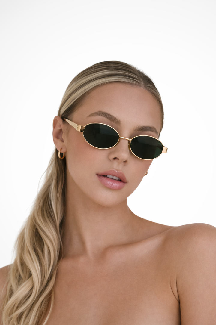 Sonnenbrille Damen Oval Metall | Schlank Dünn Getönt | Minimalistisch Sommer Eleganz