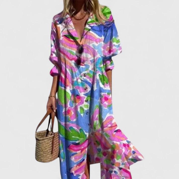 Sommerkleider Damen Blumendruck Midi Knopf | Hemdblusenkleid Damen Sommer Lässig | Freizeitkleid Damen V-Ausschnitt