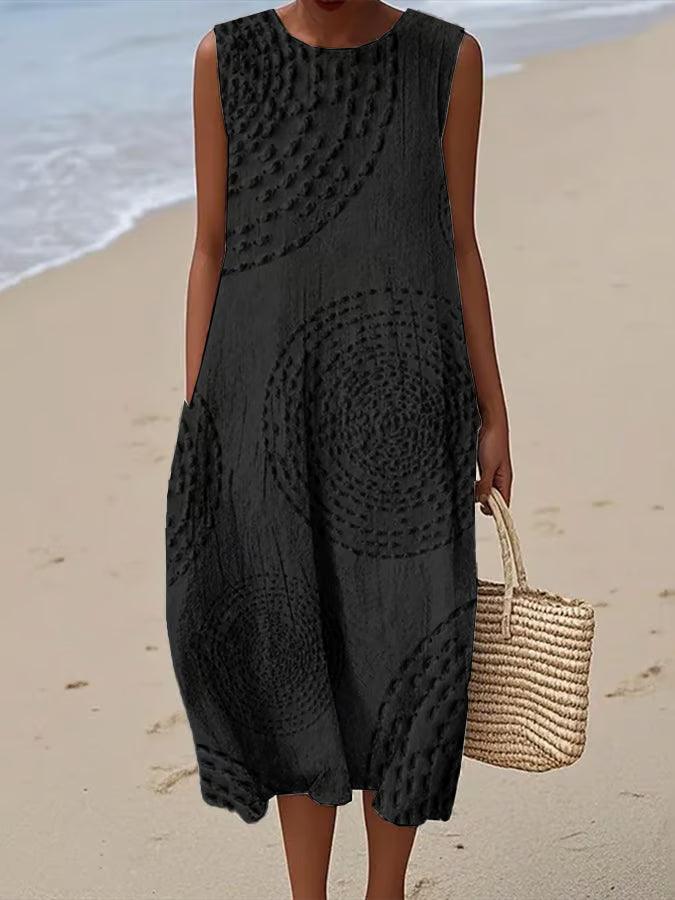 Maxikleid Damen Texturiert | Sommerkleid Damen Ärmellos Taschen | Strandkleid Damen Rundhals Leicht