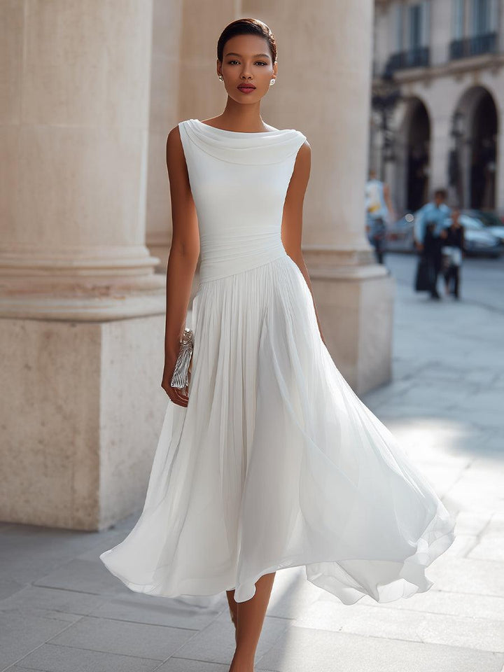 Abendkleid Midi Elegant | Hochzeitskleid mit Drapierausschnitt | Festkleid Ärmellos