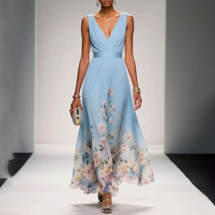 Abendkleider Hochzeit Maxi | Sommerkleid Damen Ärmellos Blumenrand | Hochzeitsgast Kleid A-Linie Bodenlang