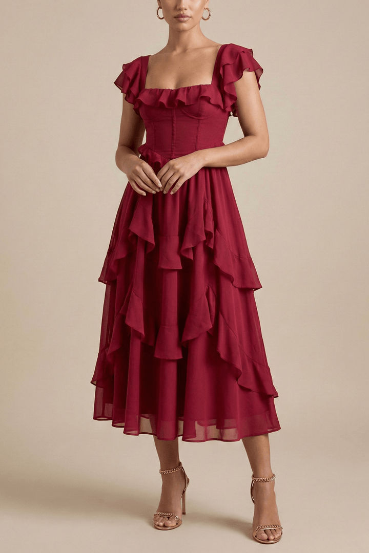 Midikleid Damen Flatterärmel | Festliches Kleid Damen Rüschen Geschichtet | Partykleid Damen Rot Elegant