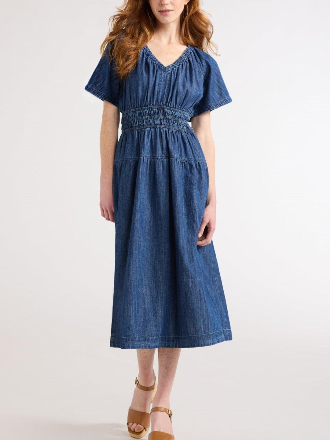 Jeanskleid Damen Midi Gestuft | V-Ausschnitt Taschen Elastisch | Denimkleid Sommer Casual