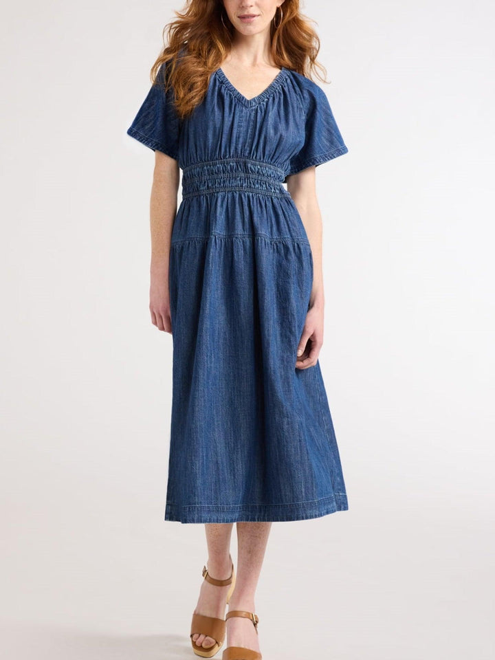 Jeanskleid Damen Midi Gestuft | V-Ausschnitt Taschen Elastisch | Denimkleid Sommer Casual