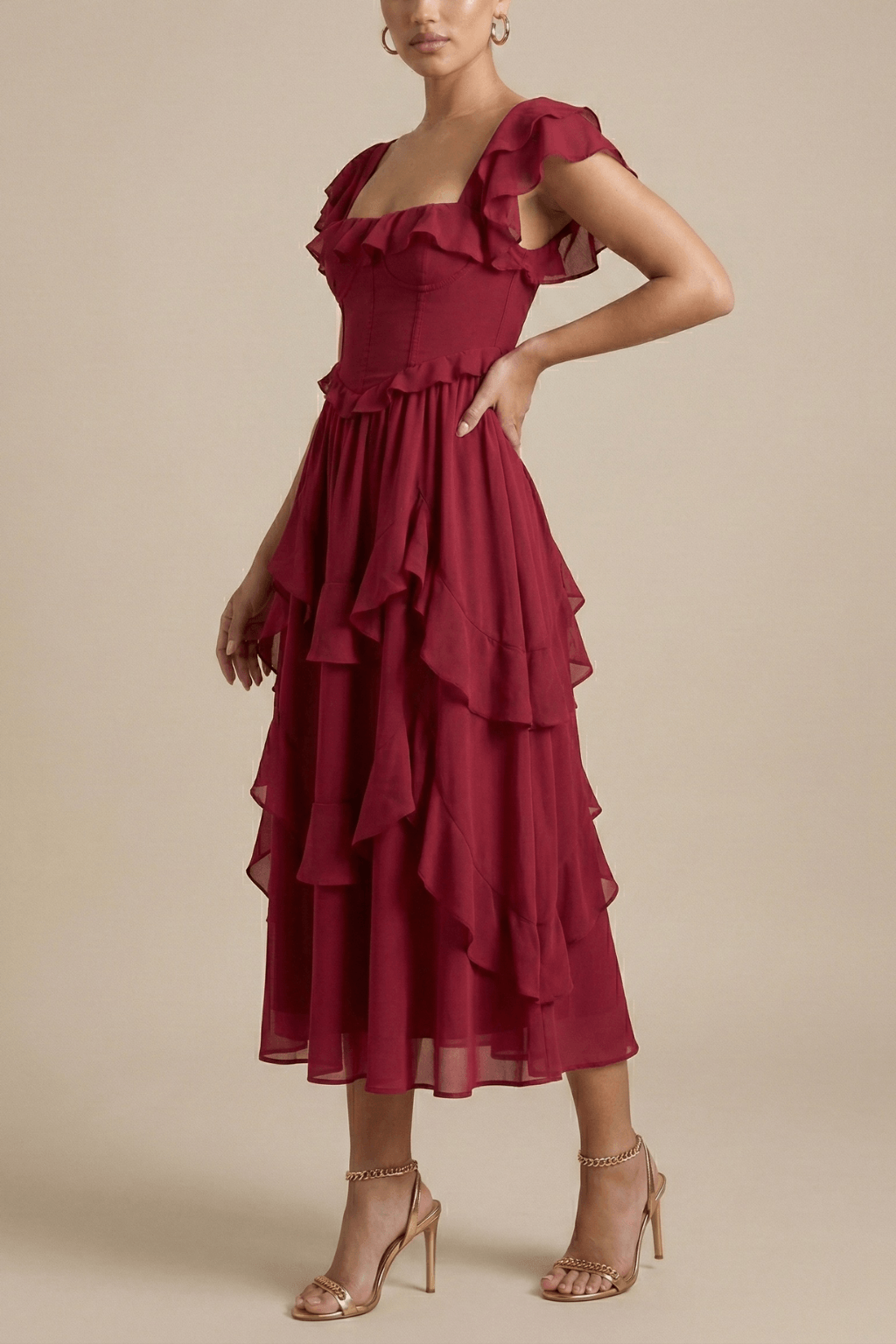 Midikleid Damen Flatterärmel | Festliches Kleid Damen Rüschen Geschichtet | Partykleid Damen Rot Elegant