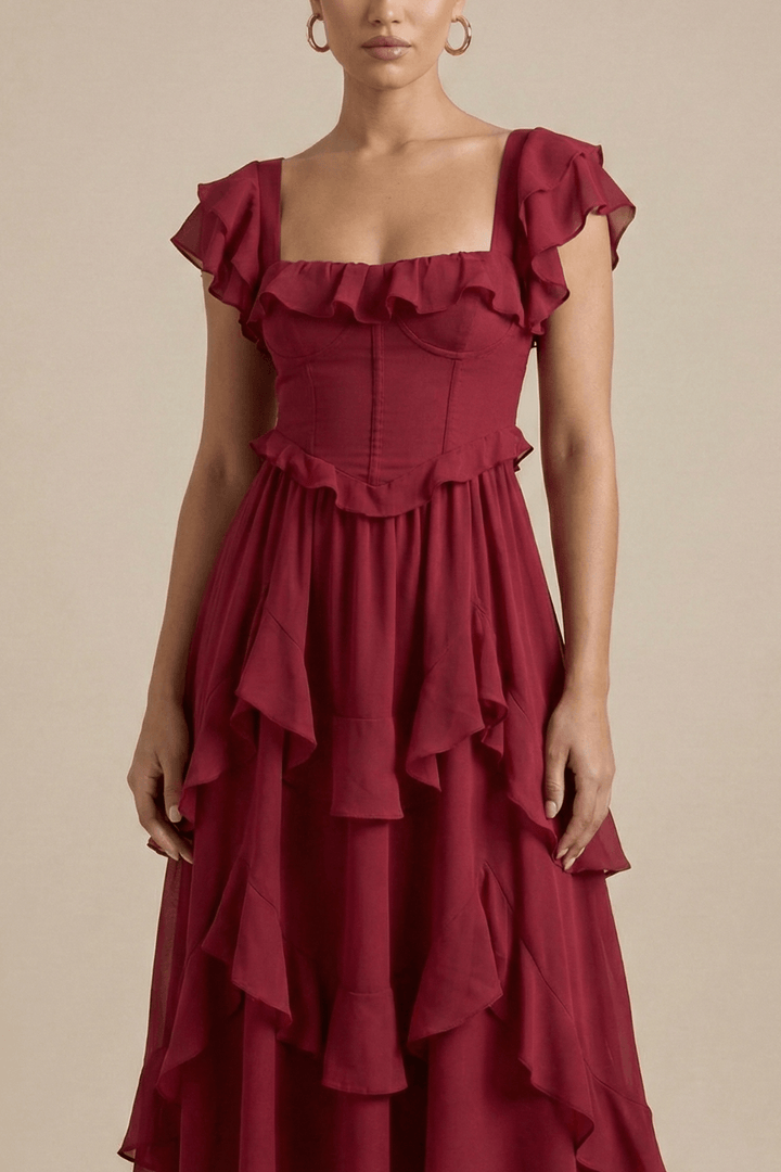 Midikleid Damen Flatterärmel | Festliches Kleid Damen Rüschen Geschichtet | Partykleid Damen Rot Elegant