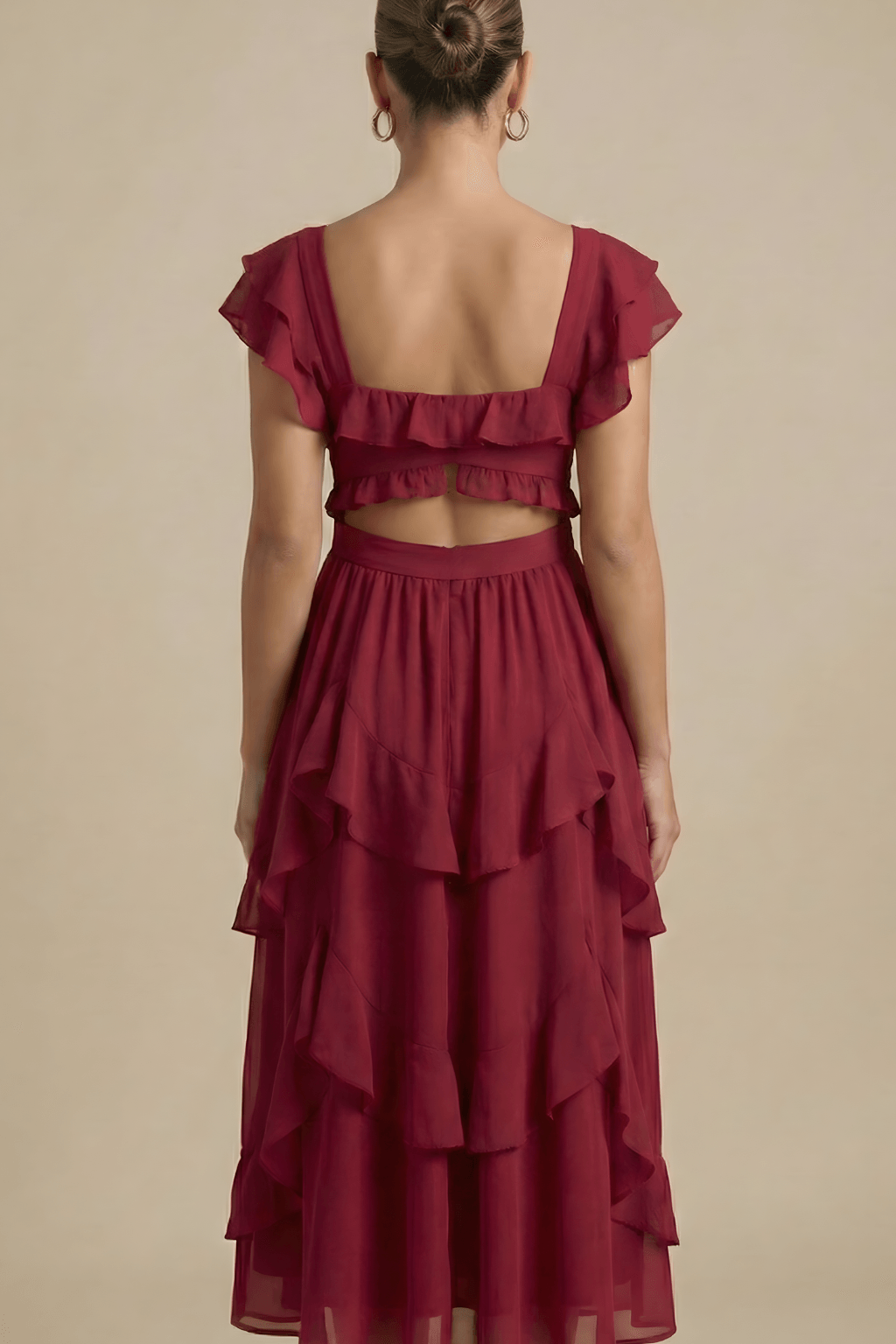 Midikleid Damen Flatterärmel | Festliches Kleid Damen Rüschen Geschichtet | Partykleid Damen Rot Elegant