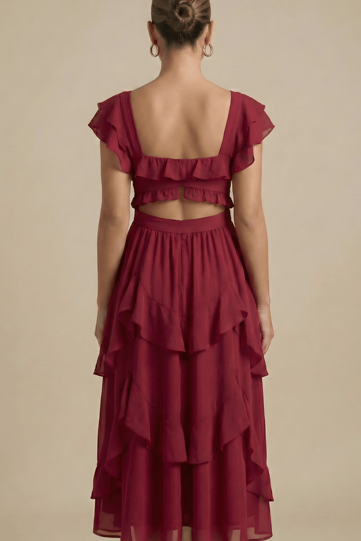 Midikleid Damen Flatterärmel | Festliches Kleid Damen Rüschen Geschichtet | Partykleid Damen Rot Elegant