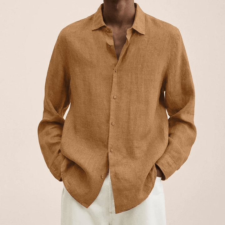 Hemd Herren Leinen Langarm | Männer Knopfhemd Haifischkragen | Elegantes Freizeithemd Locker