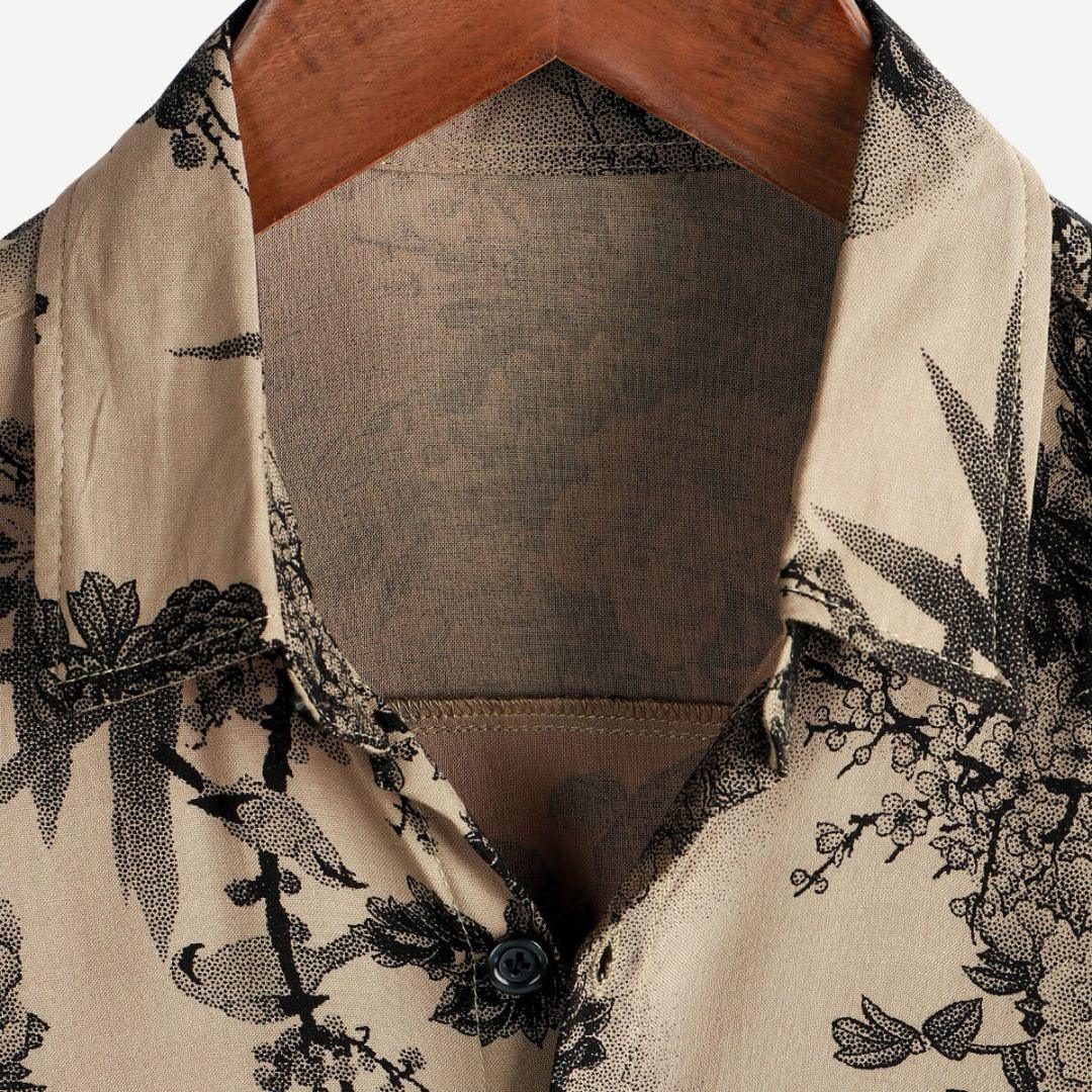 Hemd Herren Print Spitzkragen | Männer Sommerhemd Beige | Knopfhemd Kurzarm Gemustert
