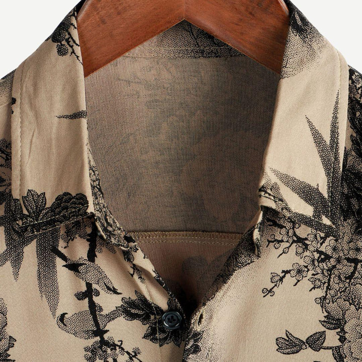 Hemd Herren Print Spitzkragen | Männer Sommerhemd Beige | Knopfhemd Kurzarm Gemustert
