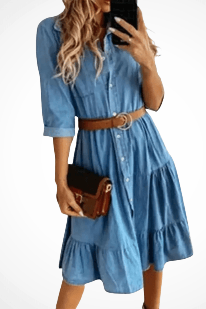 Jeanskleid Damen Hemdkleid Midi | Gestuft Gürtel Knopfleiste | Denimkleid Casual Vielseitig