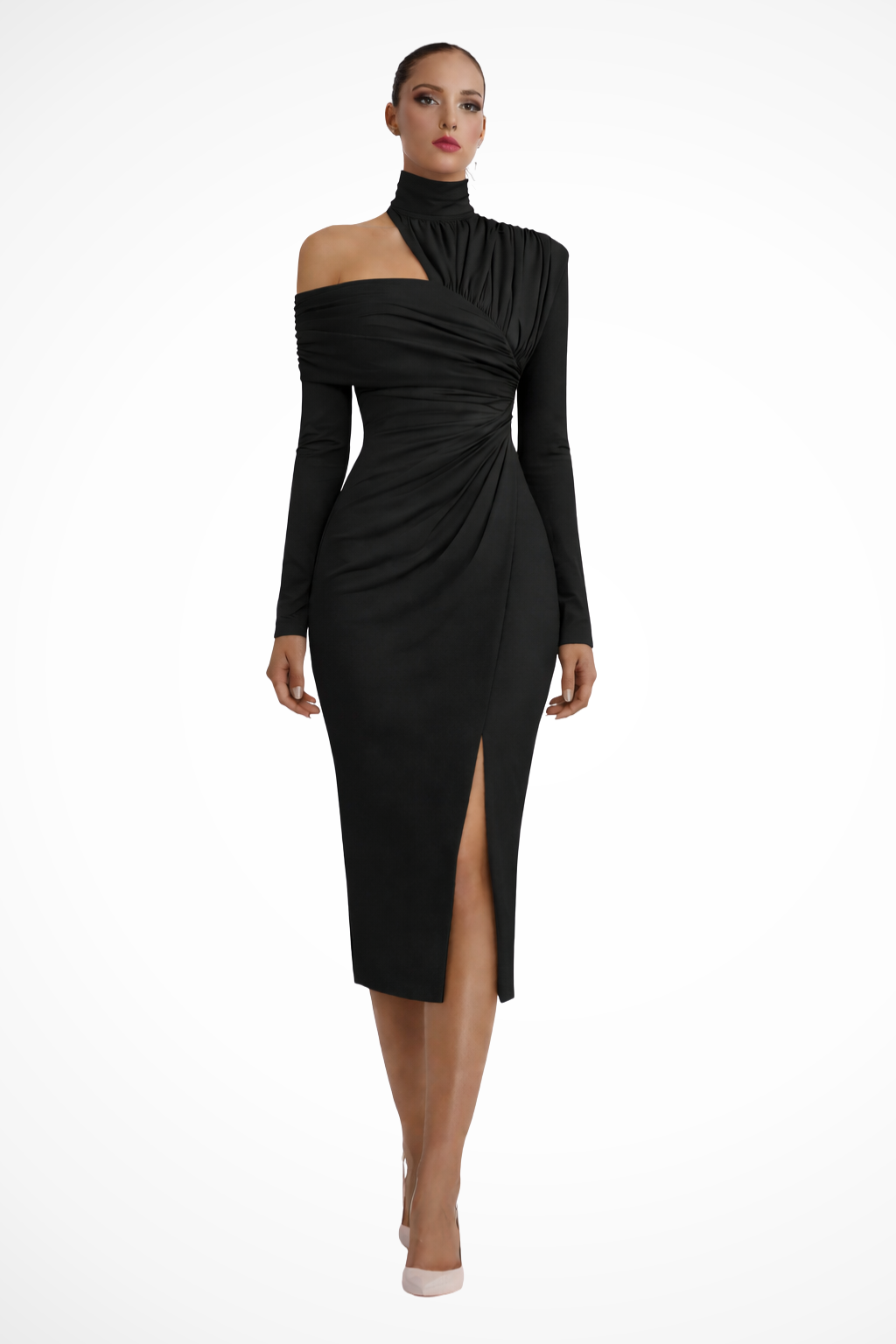 Midikleid Damen One Shoulder | Asymmetrisch Drapiert Langarm | Hochzeitsgast Kleid Elegant