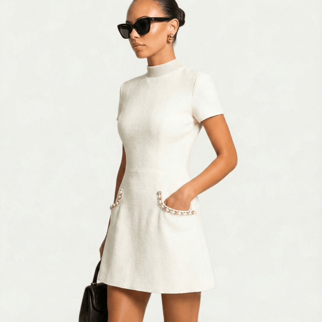 Minikleid Damen Perlenbesatz | Cocktailkleid Damen Taschen | Festliches Kleid Damen Tailliert