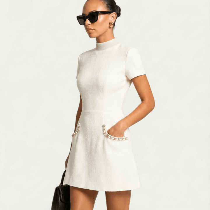 Minikleid Damen Perlenbesatz | Cocktailkleid Damen Taschen | Festliches Kleid Damen Tailliert