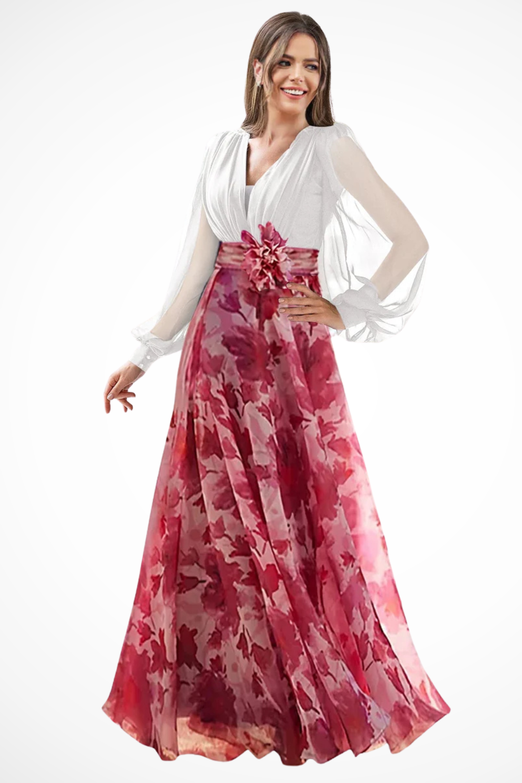 Abendkleider Damen Lang | Kleider Damen Blumenprint Ballonärmel | Maxikleid Hochzeitsgast V-Ausschnitt