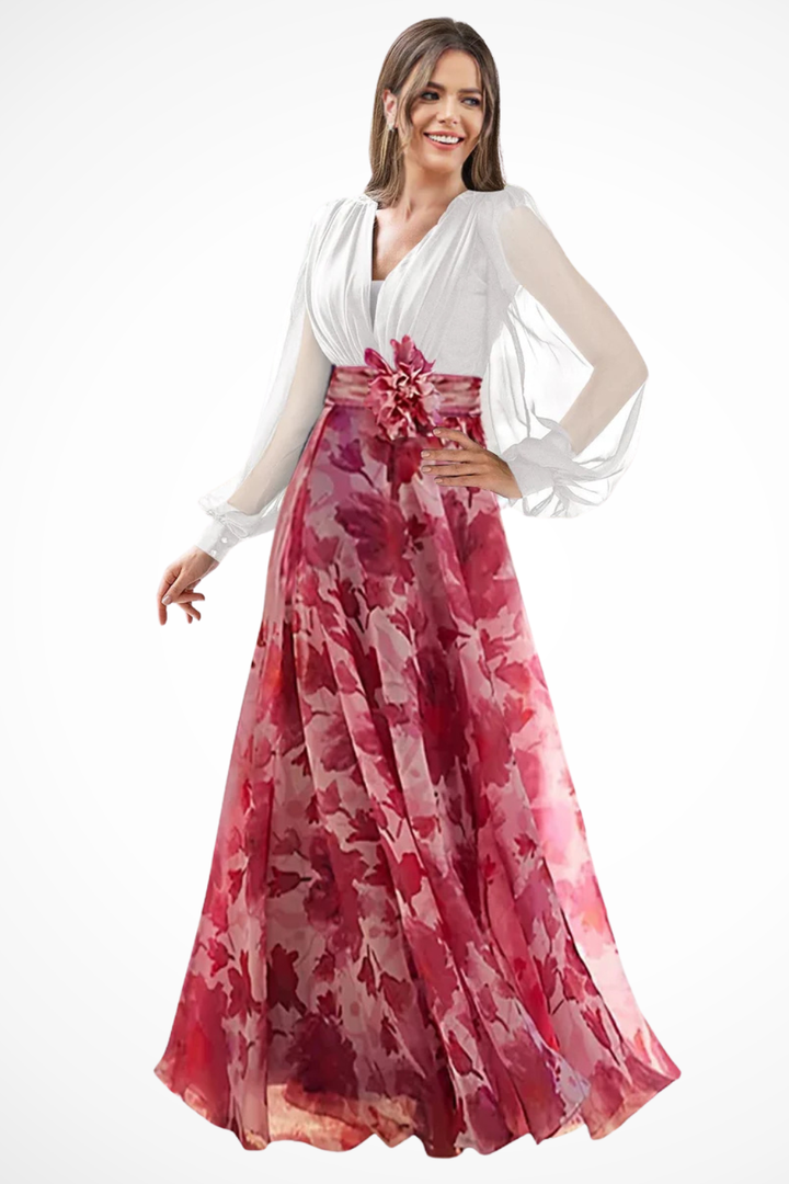 Abendkleider Damen Lang | Kleider Damen Blumenprint Ballonärmel | Maxikleid Hochzeitsgast V-Ausschnitt