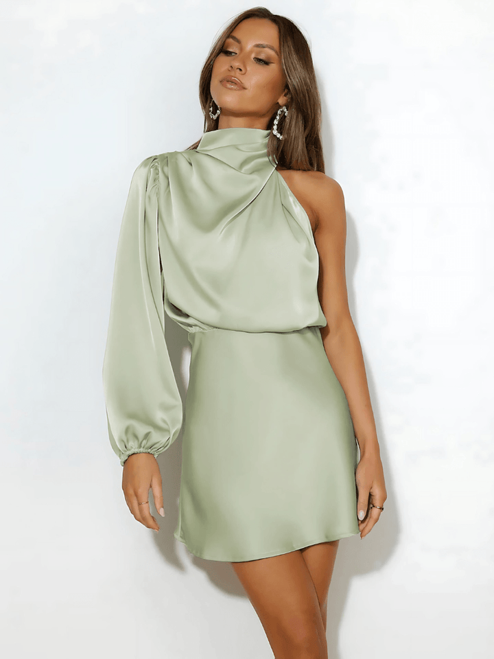Satin Minikleid Damen One Shoulder | Cocktailkleid Damen Langarm Stehkragen | Hochzeitsgast Kleid Damen Glanz