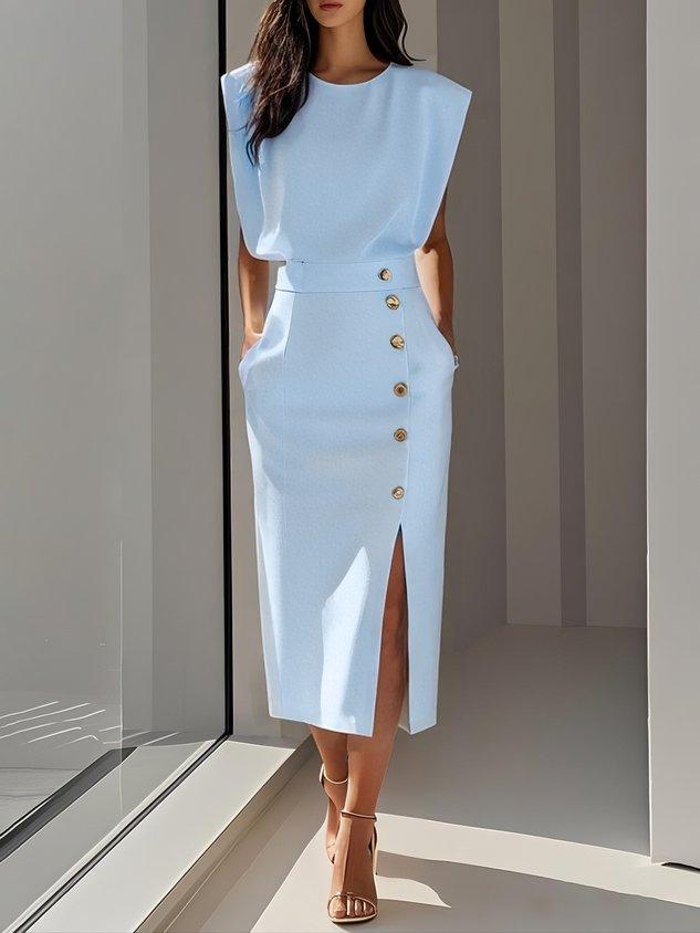 Bleistiftkleid Damen Midi Knöpfe | Ärmellos Kleid Damen Strukturiert | Kleider Damen Elegant Business