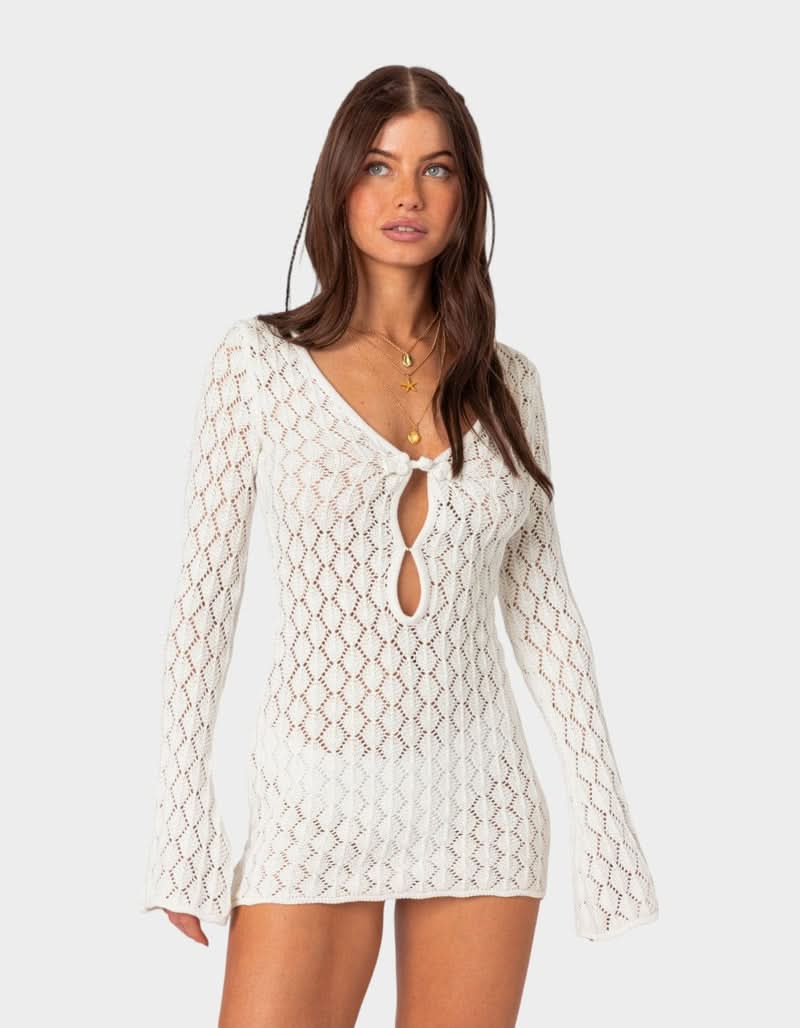 Häkelkleid Damen Sommer | Minikleid Damen V-Ausschnitt Glockenärmel | Strandkleid Damen Häkel Leicht