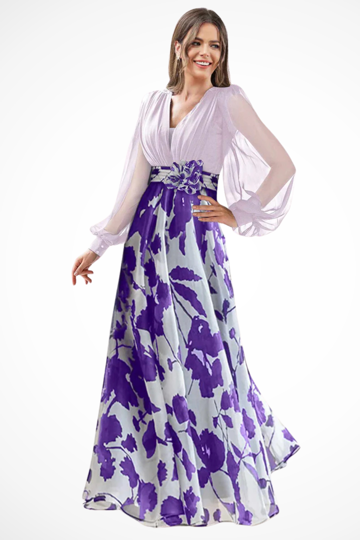 Abendkleider Damen Lang | Kleider Damen Blumenprint Ballonärmel | Maxikleid Hochzeitsgast V-Ausschnitt