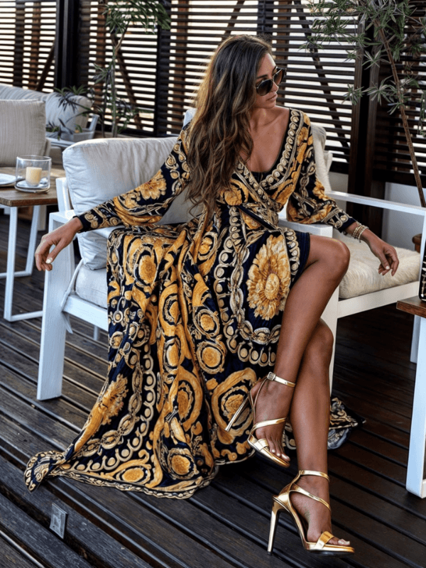 Sommerkleider Damen Boho Maxi | Wickelkleid Sommer V-Ausschnitt Schlitz | Maxikleid Langarm Boho Print