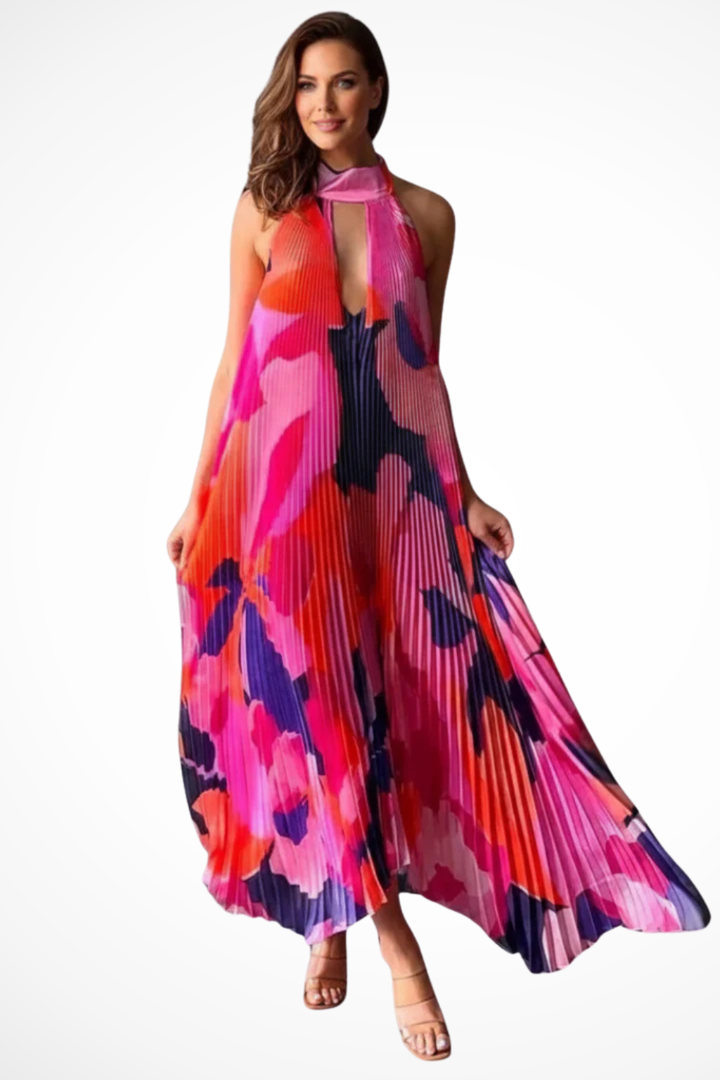 Maxikleid Damen Halter Bunt | Gefaltet Schlüsselloch Print | Hochzeitsgast Kleid Sommer