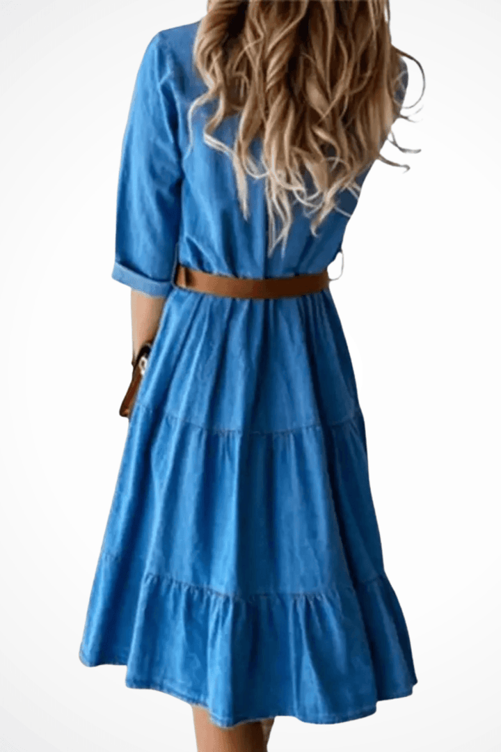 Jeanskleid Damen Hemdkleid Midi | Gestuft Gürtel Knopfleiste | Denimkleid Casual Vielseitig