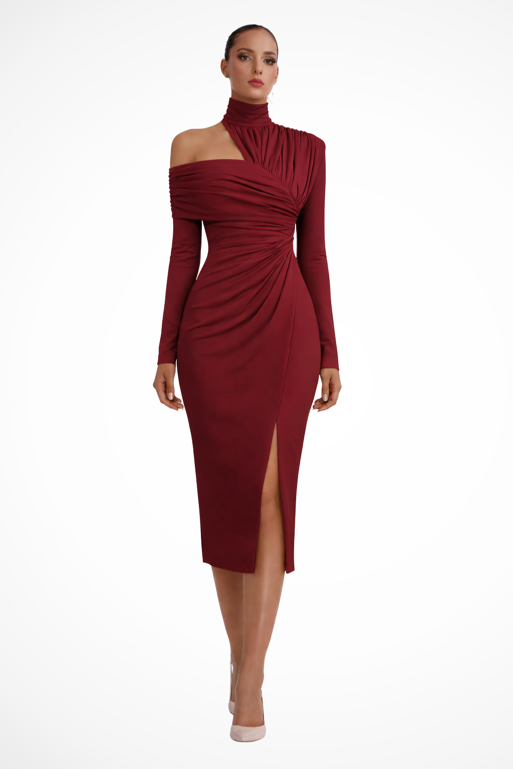 Midikleid Damen One Shoulder | Asymmetrisch Drapiert Langarm | Hochzeitsgast Kleid Elegant