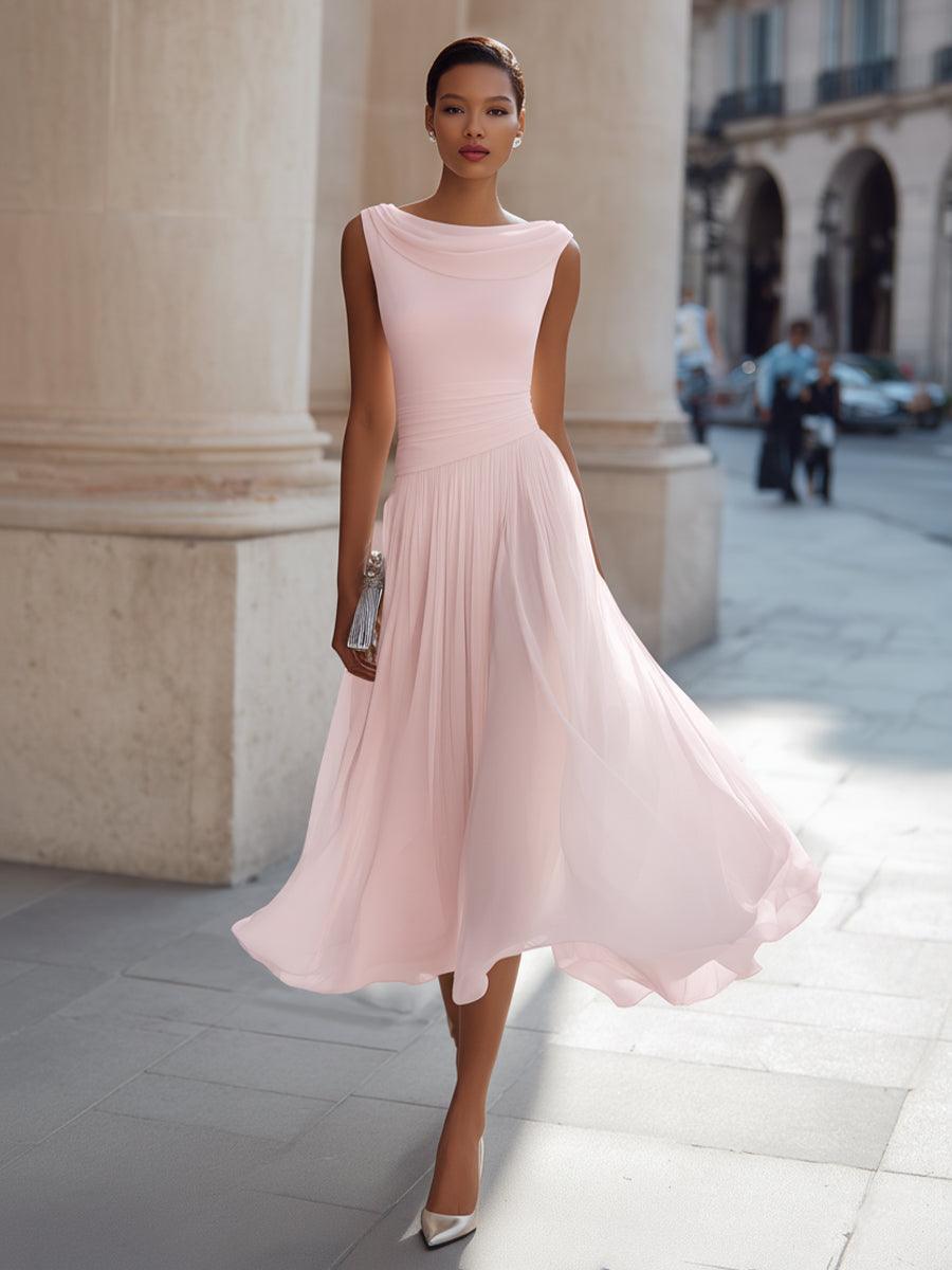 Abendkleid Midi Elegant | Hochzeitskleid mit Drapierausschnitt | Festkleid Ärmellos