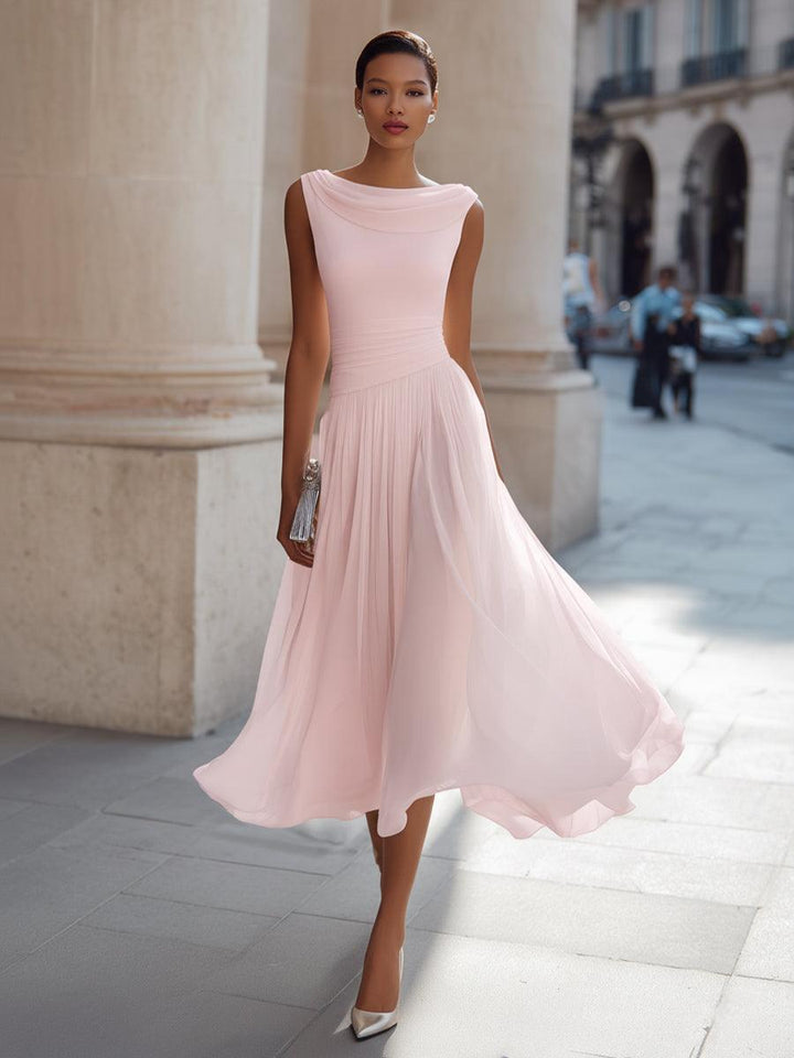 Abendkleid Midi Elegant | Hochzeitskleid mit Drapierausschnitt | Festkleid Ärmellos