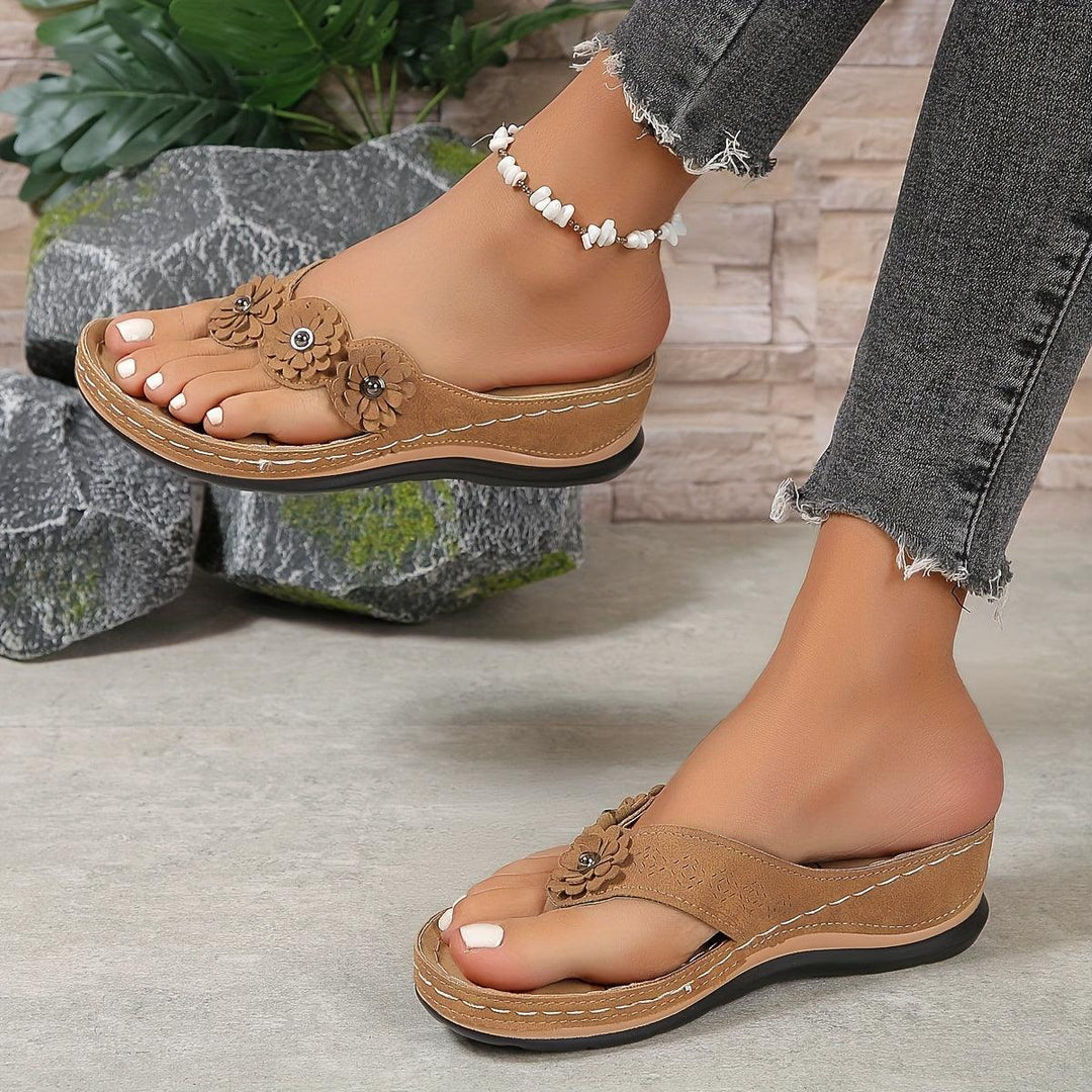 Sandalen Damen Keilabsatz Blumen | Plateau Riemchen Orthopädisch | Bequeme Sommerschuhe Elegant