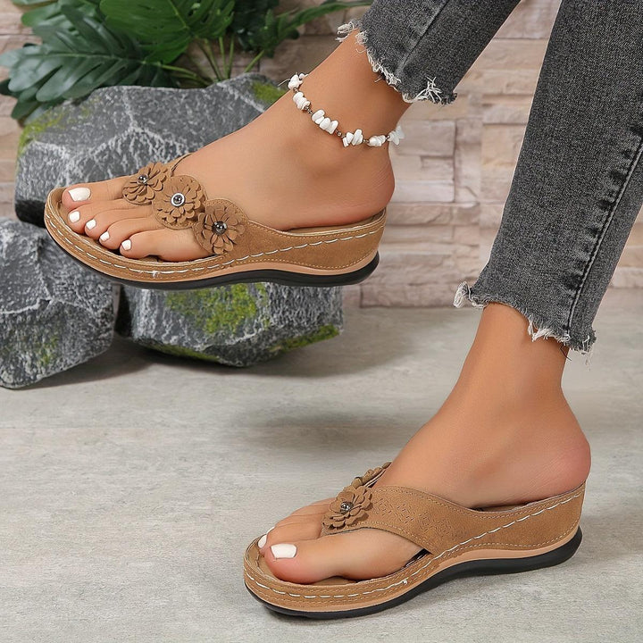 Sandalen Damen Keilabsatz Blumen | Plateau Riemchen Orthopädisch | Bequeme Sommerschuhe Elegant