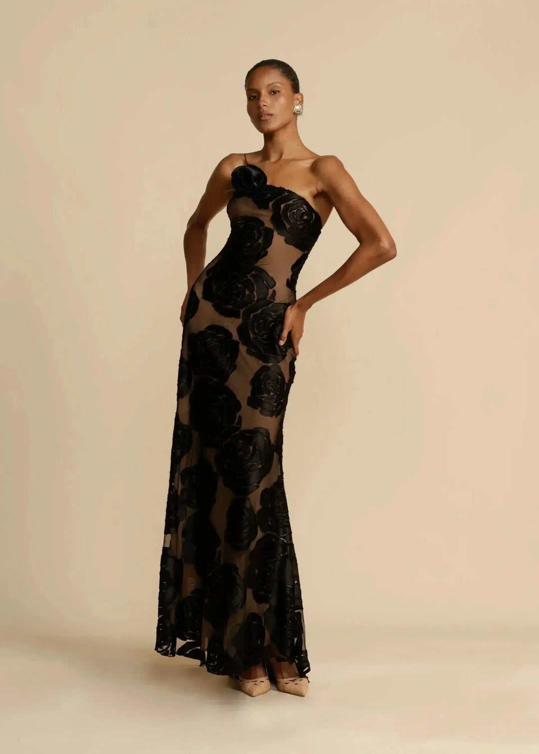 Abendkleider Lang One-Shoulder | Maxikleid Damen Schwarz Bodenlang Formal | Hochzeitsgast Kleid Bodenlang Spitze